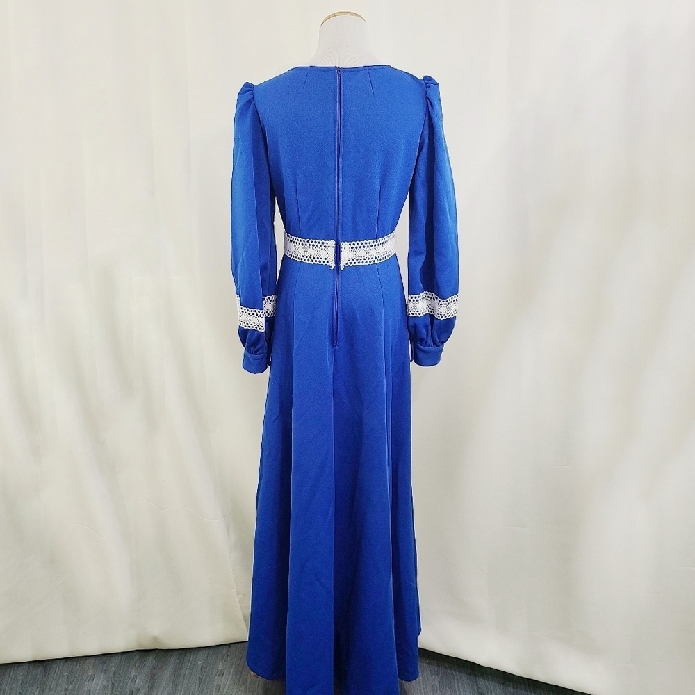 Vintage 70s Royal Blue White Lace Maxi Dress Empire Waist - Picture 3 of 6